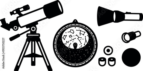 Vector telescope and star chart set showing tripod mounted refractor with eyepieces and accessories black silhouette composition top down technical
