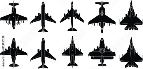 Military aircraft silhouette vector set with top view fighter jets and airplanes black flat aviation illustration