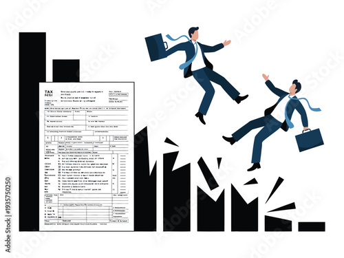 Businessmen falling down a collapsing financial graph, symbolizing economic crisis and failure.