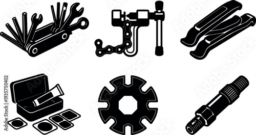 Flat design close set of bicycle repair tools multi tool chain tool tire levers patch kit spoke wrench valve core