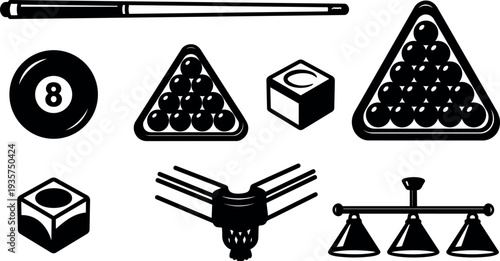 Flat design billiards icon set top view cue stick eight ball rack chalk corner pocket table lamps vector illustration minimal