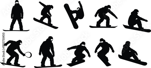 Snowboarder silhouettes collection showing snowboarding tricks jumps and riding poses winter extreme sport athlete vector illustration isolated black set