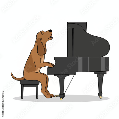 Cute dog cartoon playing piano, animal musician character illustration with grand piano isolated on white background for music concept