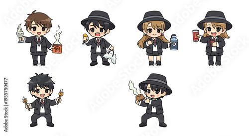 Cute cartoon characters in business attire enjoying food and drinks