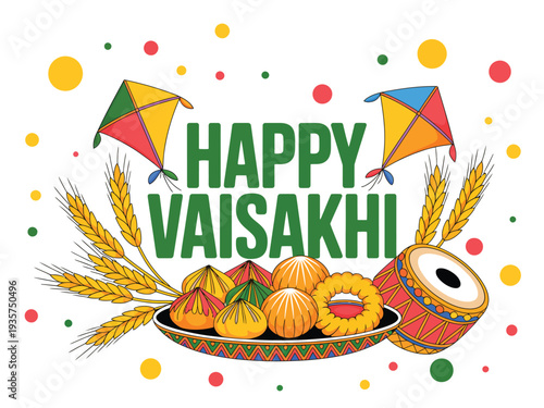 Joyful Vaisakhi celebration with traditional sweets, drums, and kites