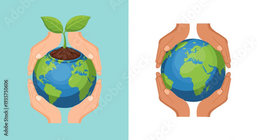 Hands cradling Earth with green sprout symbolizing growth and care
