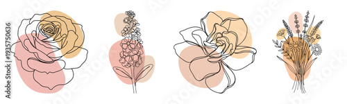 Minimalist floral line art with rose, hydrangea, magnolia, and mixed bouquet