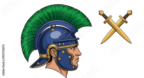 Ancient warrior in battle gear with crossed swords