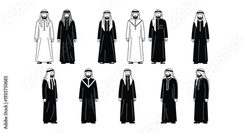 Silhouettes of arab men in traditional clothing various poses