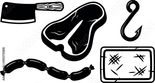 Line art close up of butcher tools and raw steak sausage cleaver meat tray arranged top view bold composition graphic
