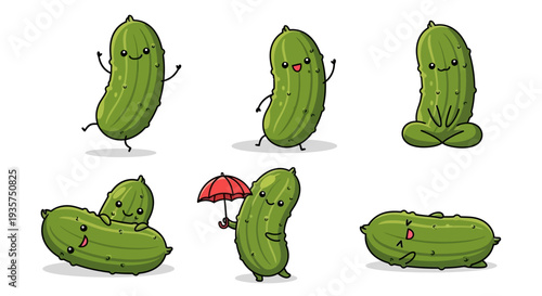 Cute cartoon pickles in various playful poses and expressions