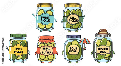 Colorful cartoon pickles in jars with different labels and characters