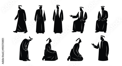 Silhouettes of arab men wearing traditional headdress and clothing