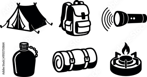 Flat icon camping gear set close up six black silhouettes tent backpack flashlight canteen sleeping bag stove on white minimal