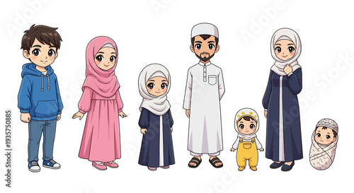 Diverse Muslim family in traditional and modern clothing smiling together