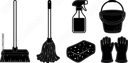 Flat design vector icon set of cleaning tools broom mop spray bottle bucket sponge and gloves black silhouette on white