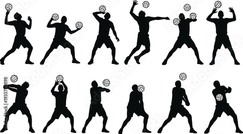 Volleyball player silhouettes performing serve, set, pass and spike actions isolated vector collection for team sport training and competition design