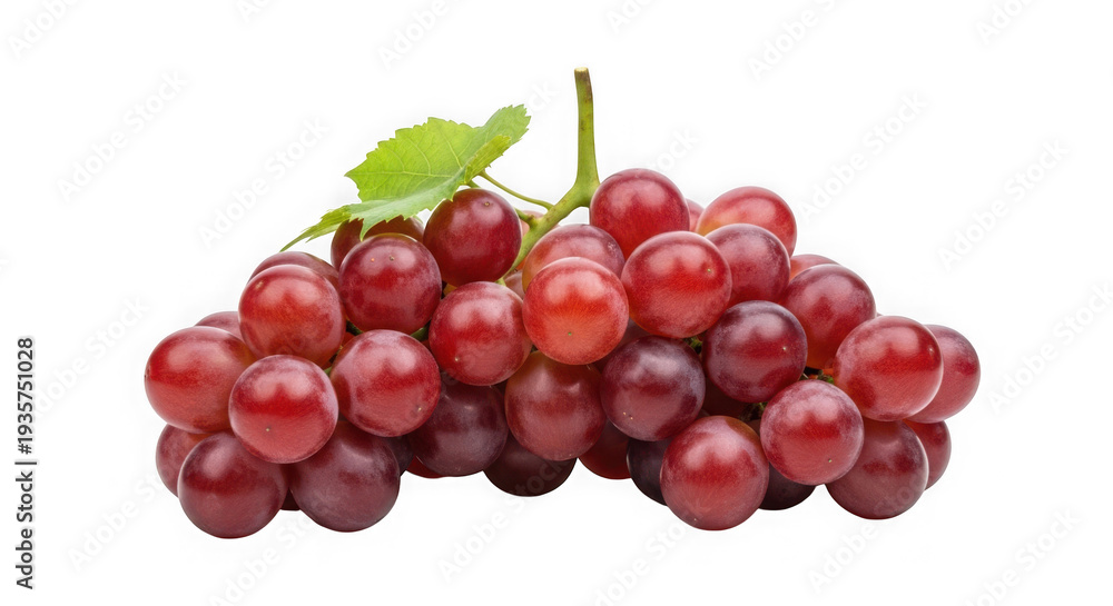 Fototapeta premium Bunch of ripe red grapes with green leaves isolated on transparent background