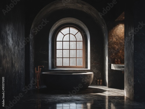 Dark bathroom bath with arched window. Soft light filters through wooden panes. Stone walls reflect warm, dramatic glow. Mirrorless space feels ancient and serene