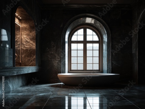 Dark bathroom features arched window and freestanding tub. Marble walls reflect soft, ambient light from the window. Tiled floor shows faint reflections of the scene
