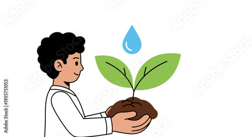Caring person nurturing young plant with fresh water drop