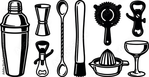 Line art close up barware set showing cocktail shaker jigger bar spoon muddler strainer citrus juicer bottle opener coupe glass