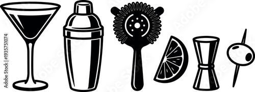 Line art minimalist bar tool set arranged row showing martini glass shaker strainer jigger olive and citrus wedge close up