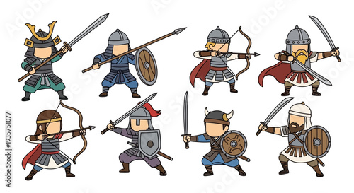Cartoon warriors in various combat poses with swords and shields