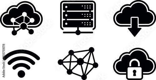 Flat design six monochrome cloud network icons server download upload wifi node connection security padlock simple bold stroke isolated vector