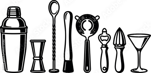Minimalist vector bar tools lineup cocktail shaker jigger bar spoon muddler strainer bottle opener citrus reamer martini glass clean strokes