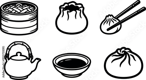 Line art vector set of dim sum bao dumplings bamboo steamer teapot soy sauce bowl and chopsticks top view simple