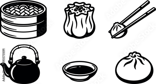 Flat design dim sum icon set close up bamboo steamer dumpling siu mai chopsticks teapot soy sauce simple line art