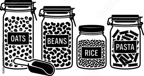 Flat design close up pantry jars labeled oats beans rice pasta with scoop arranged on white background simple bold clean