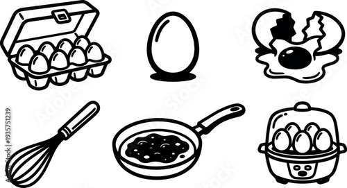 Line art egg icon set showing carton single cracked egg whisk frying pan steamer simple black white outline closeup minimal