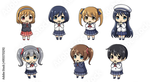 Cute anime schoolgirls in various uniforms and poses