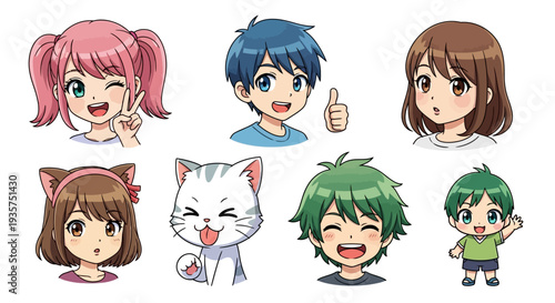 Vibrant anime style cartoon characters expressing happy emotions