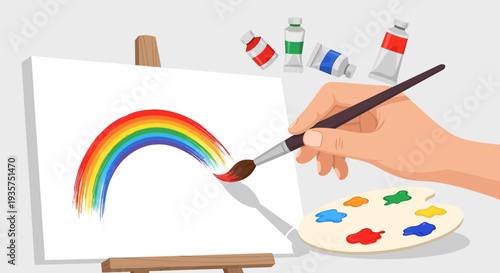 Person painting a colorful rainbow on a white canvas with a brush