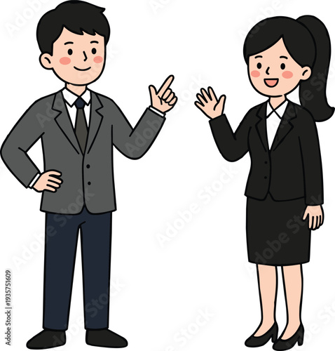 Two business people in suits waving hands with smiles woman