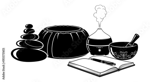 Wellness and Mindfulness Vector Set: Zen Stones, Meditation Cushion, Essential Oil Diffuser, Singing Bowl, and Journaling Silhouettes.