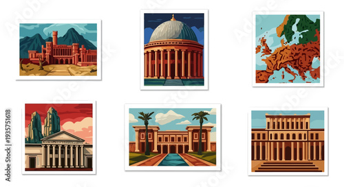 Collection of ancient historical building illustrations