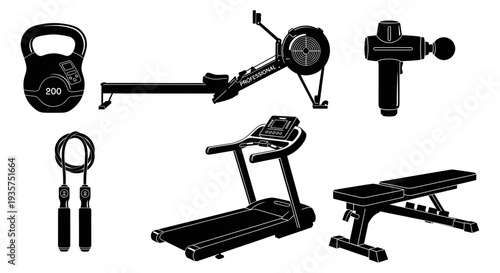 Modern Fitness and Home Gym Equipment Vector Set: Treadmill, Rowing Machine, Kettlebell, Massage Gun, Skipping Rope, and Weight Bench Silhouettes.