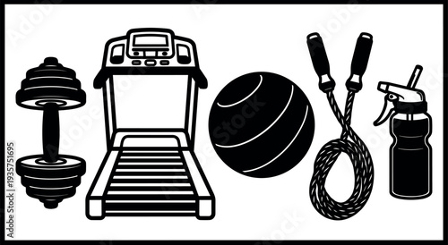Minimalist line art gym equipment set showing close up dumbbell treadmill exercise ball jump rope and bottle in studio layout