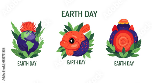 Earth Day vector illustrations feature a globe, fish, and turtle in leaves