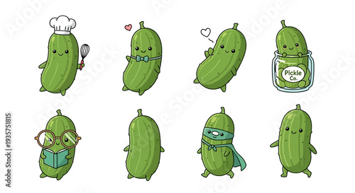 Adorable cartoon pickles in various fun poses and costumes