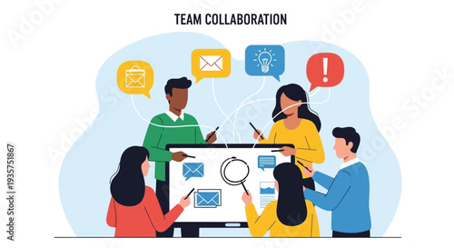 Team collaboration concept with diverse group working on a whiteboard