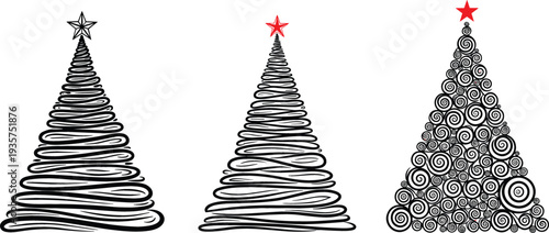 Abstract Christmas tree line art vector set with spiral swirl design and star topper minimalist holiday illustration