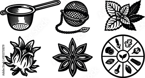 Vintage line art tea infuser and strainer with star anise mint leaves and hibiscus floral spice wheel close up vector