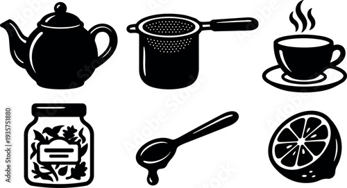 Flat design close up tea set icons teapot strainer cup saucer honey spoon lemon jar of herbs minimalist black silhouettes