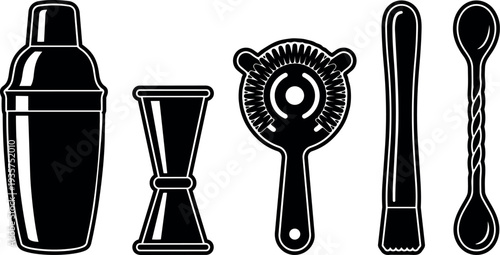 Minimalist vector flat design cocktail shaker jigger strainer muddler and twisted bar spoon set front view black white icon collection