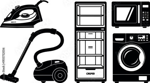 Minimalist flat design close up household appliance icons iron vacuum refrigerator microwave washing machine arranged on white background set vector